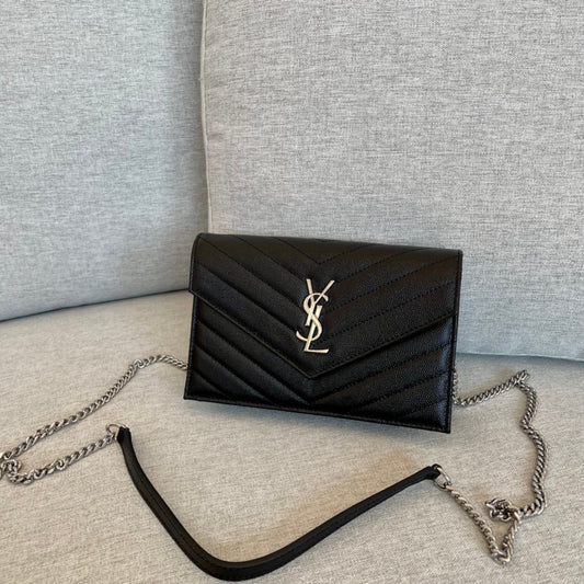 YSL Cassandre Envelope Chain Wallet Black Grain Leather 19x11.5x4 cm