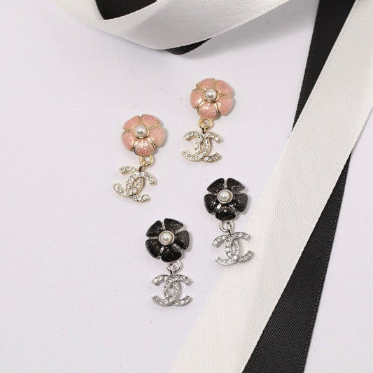 18K  Chanel Black & Pink Camellia Diamond Earrings